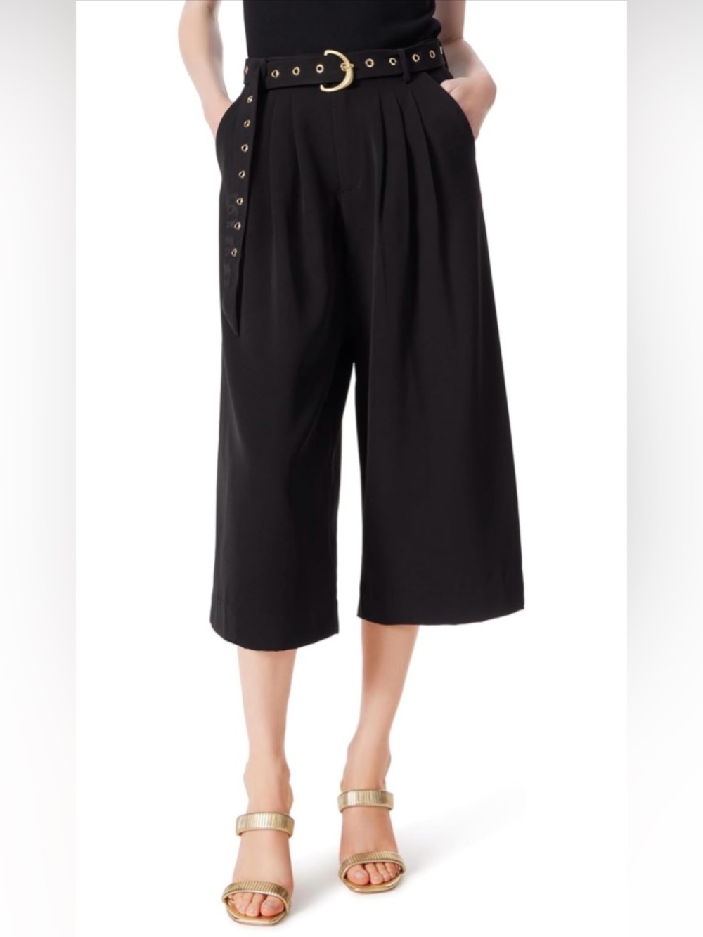 DEE OCLEPPO Mariana Belted High-Rise Wide-Leg Cropped Black NWT